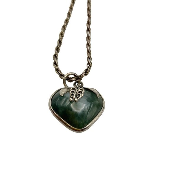 Vintage Green Heart Agate Pendant & Italian Sterling Silver Rope Chain Necklace - Picture 1 of 8
